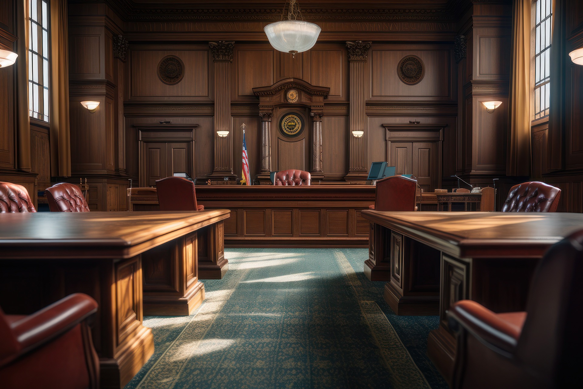 An empty courtroom with a clock on the wall. This image can be used to depict a courtroom setting or to symbolize the passing of time in a legal context